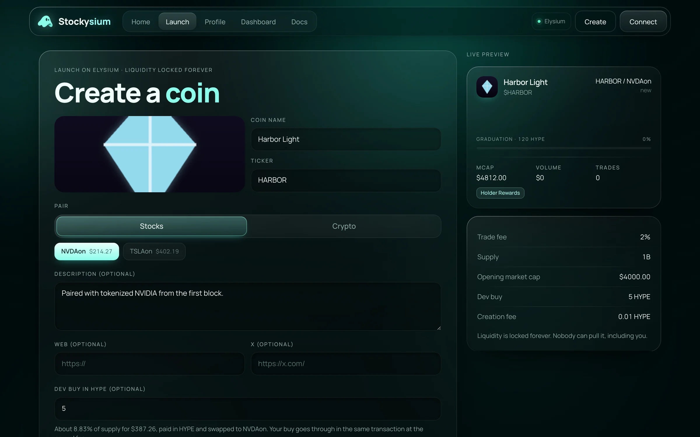 The create form with a stock pair selected and a live preview